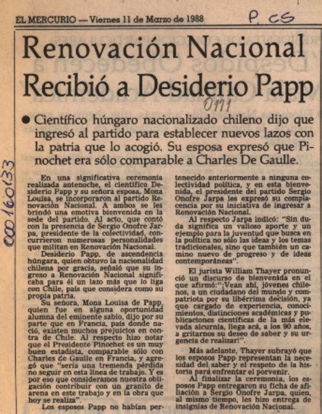 Renovación Nacional Recibió A Desiderio Papp Artículo Biblioteca