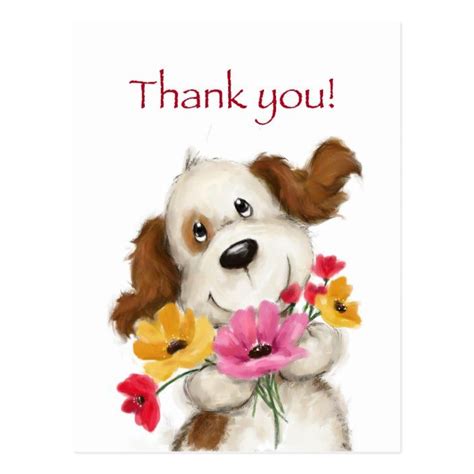 Thank You Cute Dog With Flowers Postcard Zazzle Thank You Quotes