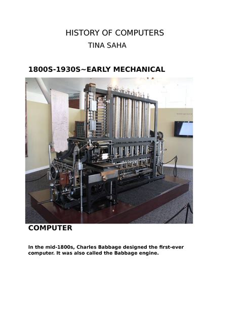History History Of Computers Tina Saha 1800s 1930s~early Mechanical