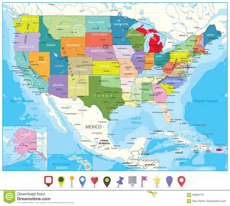Political Map Of Usa And Flat Map Pointers Stock Vector Illustration