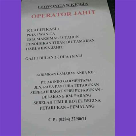 Gaji garmen pemalang / lowongan operator jahit pt. PT Arindo Garmentama Pemalang | Lowongan Kerja Jahit