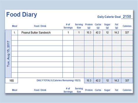 EXCEL Of Daily Food Diary Xlsx WPS Free Templates