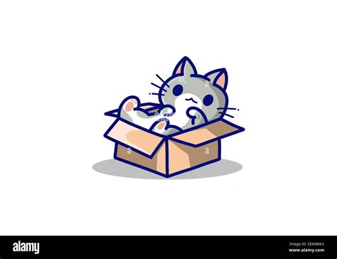 Little Grey Cat In The Box Kawaii Illustration Design Stock Vector