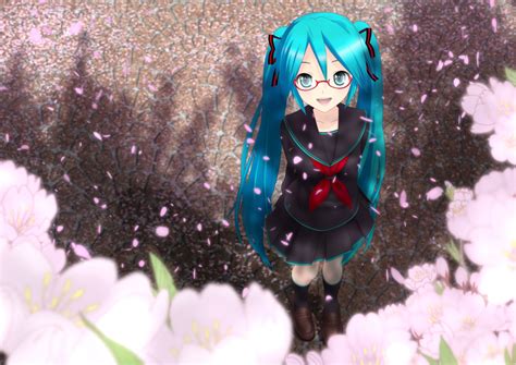 Akahige Aqua Eyes Aqua Hair Cherry Blossoms Flowers Glasses Hatsune