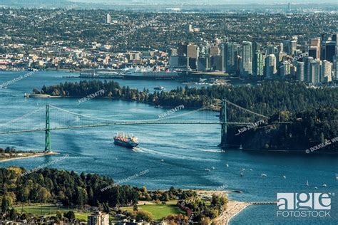 Burrard Inlet And Lions Gate Bridge Vancouver Bc Canada Stock Photo