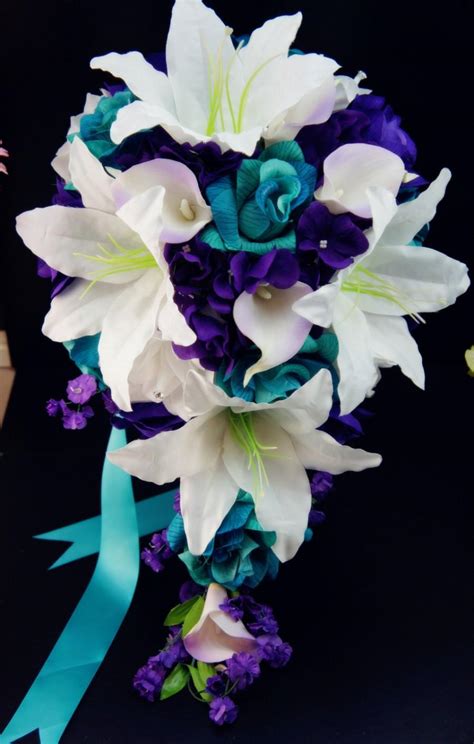 cascade bridal bouquet silk flowers purple white shades of aqua teal jade roses 2421242 weddbook