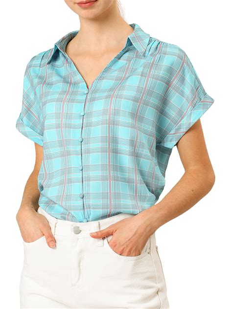 unique bargains women s plaid short sleeve split neck button down top blouse xl blue walmart