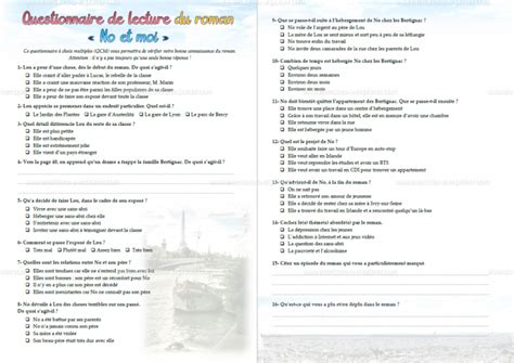 français questionnaire de lecture qcm sur no et moi delphine de vigan exercices à imprimer