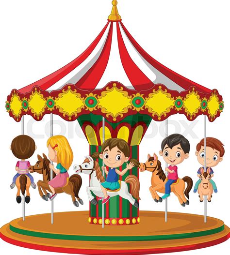 Cartoon Little Children On The Carousel With Horses Stock Vector