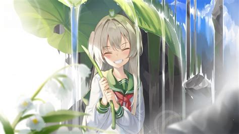 Wallpaper Cute Anime Girl Smiling School Uniform Leaf