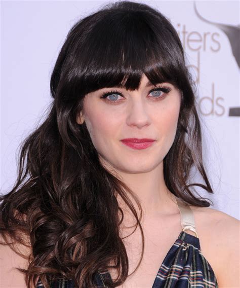 Check spelling or type a new query. Zooey Deschanel Long Wavy Mocha Hairstyle with Blunt Cut Bangs