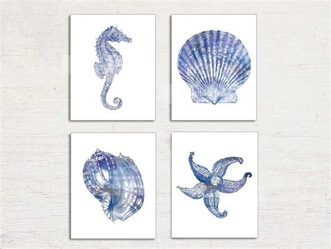 Nautical Art Set Of 4 Prints Navy Blue White Seahorse Print
