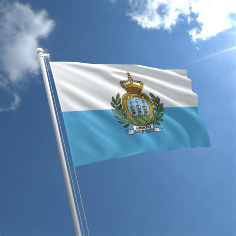 The white color stripe is located at top and a light blue with the national coat of arms overlaid in the middle. san marino flag