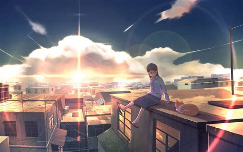1920x1080px 1080p Free Download Dawn Female Sun Scenic Manga Cat Sky Clouds City