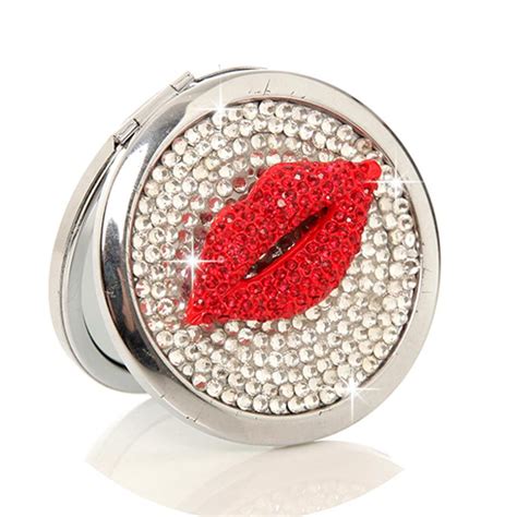 10 Pcslot Diamond Red Lips Rhinestone Make Up Mirror Stainless Steel