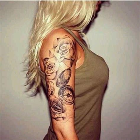 Sexy Upper Arm Tattoo With Roses And Clocks Tattoo Beauty Pinterest