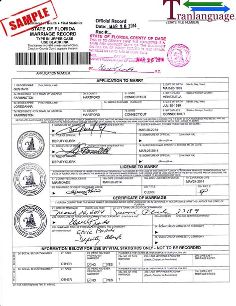 Marriage Certificate Us Florida Tranlanguage Certified Translations