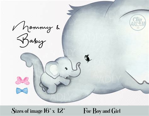 Cute Elephant Mommy And Baby Clipart With Two Bow Ties In Pink Blue