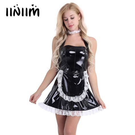 3pcs Women Wet Look Patent Leather Maid Dress Cosplay Role Playing