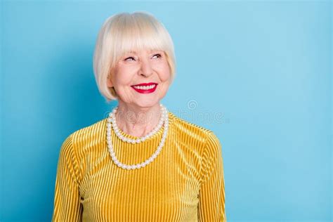 Photo Of Funny Nice Short Hairdo Old Lady Look Empty Space Wear Blouse