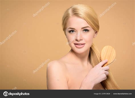 Beautiful Naked Blonde Girl Brushing Hair Wooden Hairbrush Smiling Camera Stock Photo By