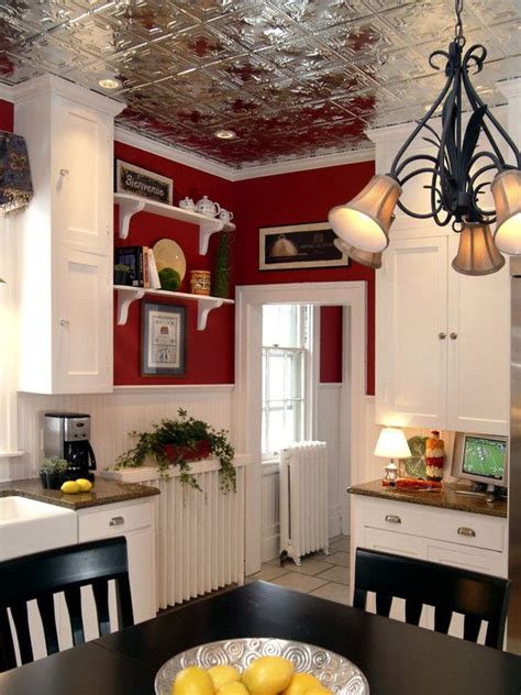 The aluminum ceiling tiles here give this traditional natural wood kitchen a textured ceiling enhancing the overall design. Spaces Tin Ceilings Design, Pictures, Remodel, Decor and ...