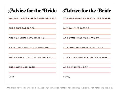 Printable “advice For The Bride” Bridal Shower Cards Kendall Jackson