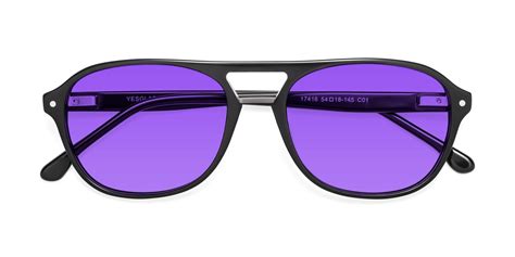 Black Grandpa Acetate Aviator Tinted Sunglasses With Purple Sunwear Lenses 17416
