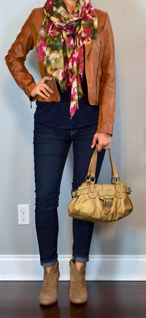 Outfit Post Brown Leather Jacket Navy T Shirt Skinny