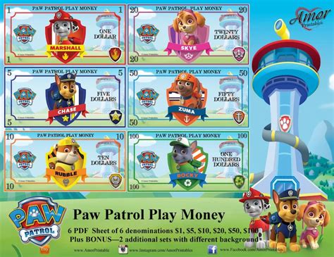 play money paw patrol bundle printable games printables etsy