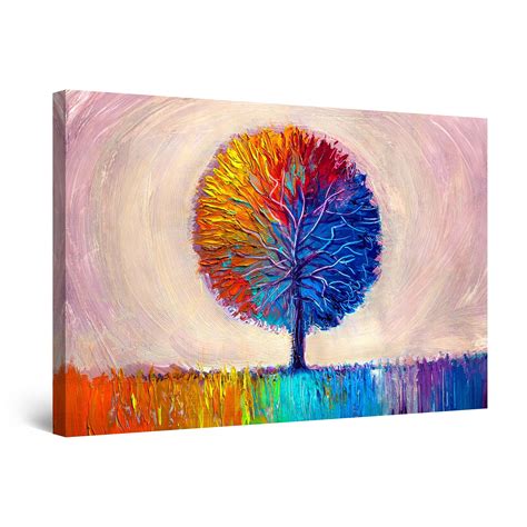Startonight Canvas Wall Art Abstract Lonely Dual Rainbow Tree Painting