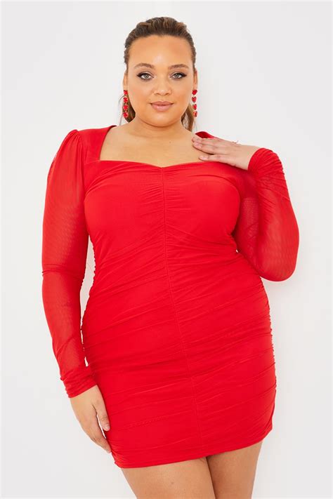 Curve Liberty Red Mesh Ruched Puff Sleeve Mini Dress In The Style