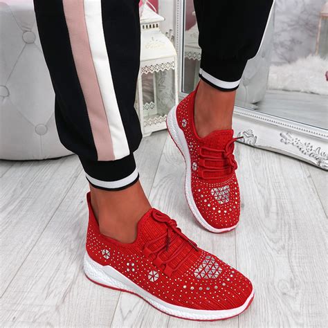 Womens Ladies Knit Diamante Studded Sport Trainers Sneakers Party Women
