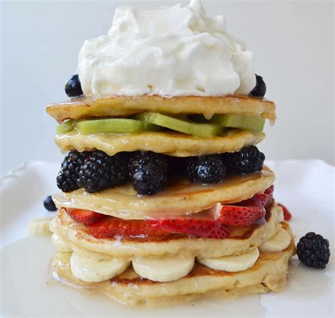 Fruit Pancake Stack with Coconut Syrup - Modern Honey