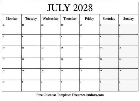 July 2028 Calendar Free Blank Printable With Holidays