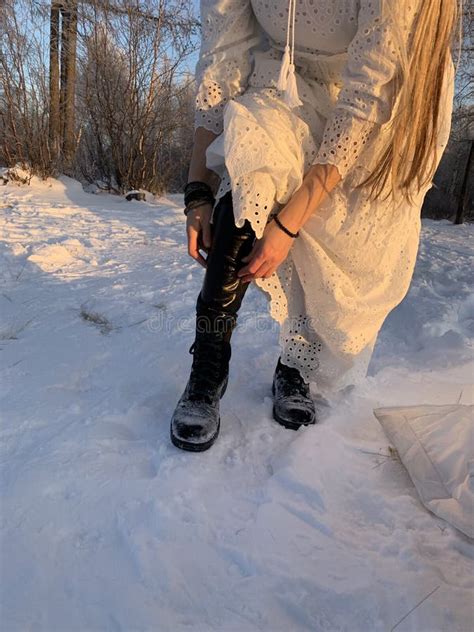 walking barefoot in the snow women s feet hardening in the cold snowy weather stock image