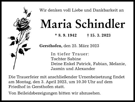 Traueranzeigen Von Maria Schindler Augsburger Allgemeine Zeitung