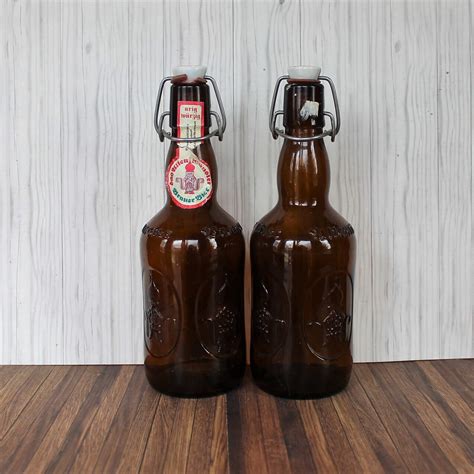 Vintage Brauer Bier Beer Bottle Set Of 2 Brown Amber Glass Bottle With Ceramic Cap And Bail