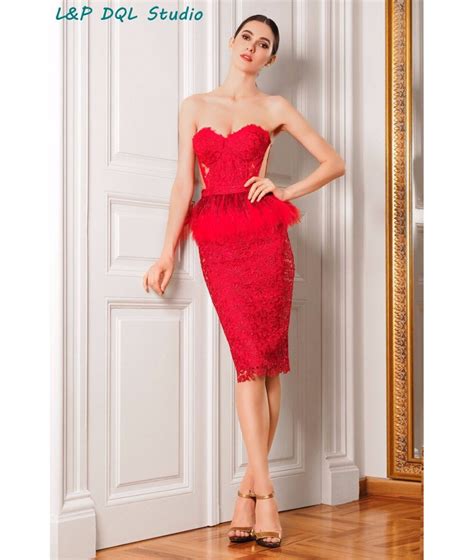 2016 Sexy Red Lace Cocktail Dresses With Feathers Off The Shoulder