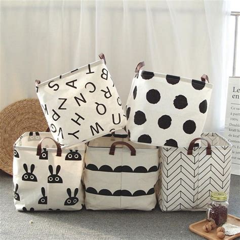 Collapsible Cream And Black Canvas Storage Bins Toy Storage Bags