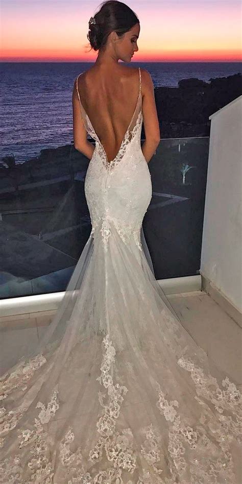 Wedding Dresses Lace Low Back Spaghetti Straps With Train Enzoani Lace Mermaid Wedding Dress