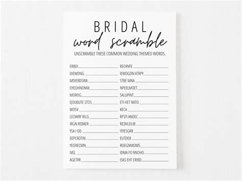 Downloadable Free Printable Bridal Shower Games Word Scramble