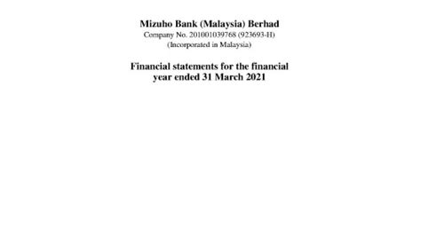 Mizuho Bank Malaysia Berhad Interim Financial Statements 31 March