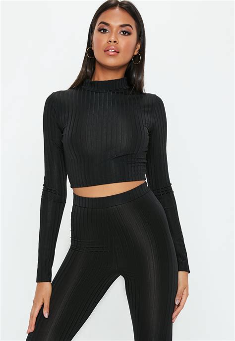 Petite Black Ribbed High Neck Crop Top Missguided Ireland