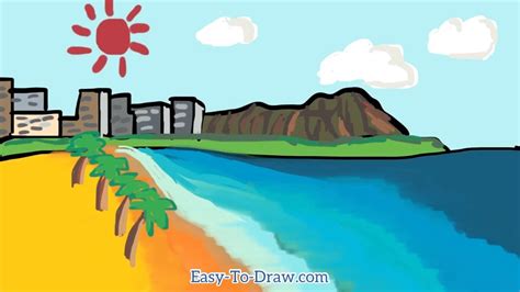 How To Draw Hawaii Honolulu Beach With Sunshine Hills And Coconut Trees