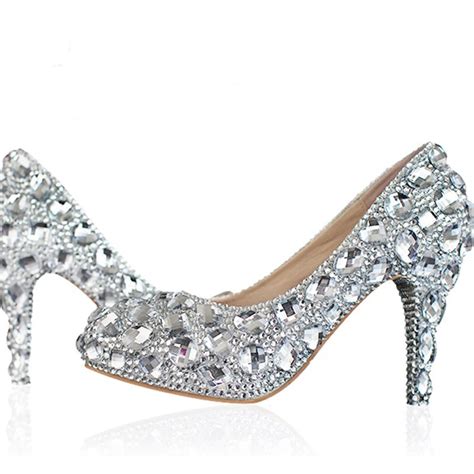 Silver Wedding Shoes Clear Rhinestone Platform Closed Toe 3 Bridal Shoes Crystal Pumps European
