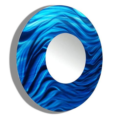 Aqua Blue Jewel Tone Abstract Painted Metal Wall Mirror Vibrant