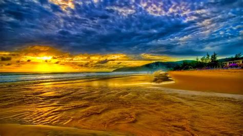 Golden sunset Seashore sandy beach sky clouds Wallpaper HD ...