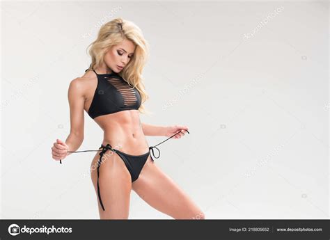 Sexy Blonde Woman Black Swimwear Grey Background Stock Photo By Aarrttuurr