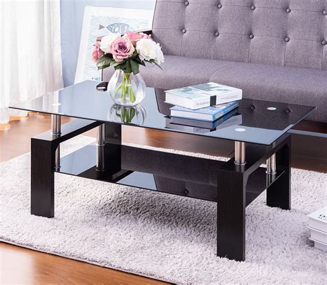 Buy Rectangle Glass Coffee Table Modern Side Center Table With Shelf And Wood Legs Mid Century